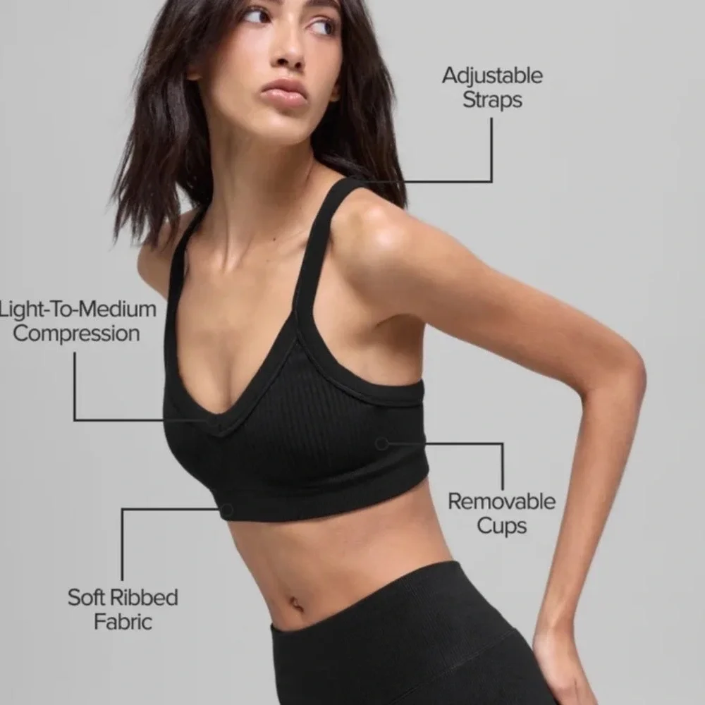 Alo Yoga Wellness Bra Black Ribbed V-Neck Adjustable Racerback Women Large